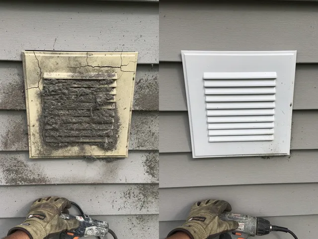 Palm Beach Gardens Dryer Vent Cleaning technician installing high-quality dryer vent cover at a residential property in Palm Beach Gardens