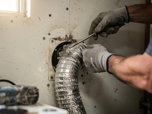 Palm Beach Gardens Dryer Vent Cleaning technician performing precise dryer vent hose installation in Palm Beach Gardens